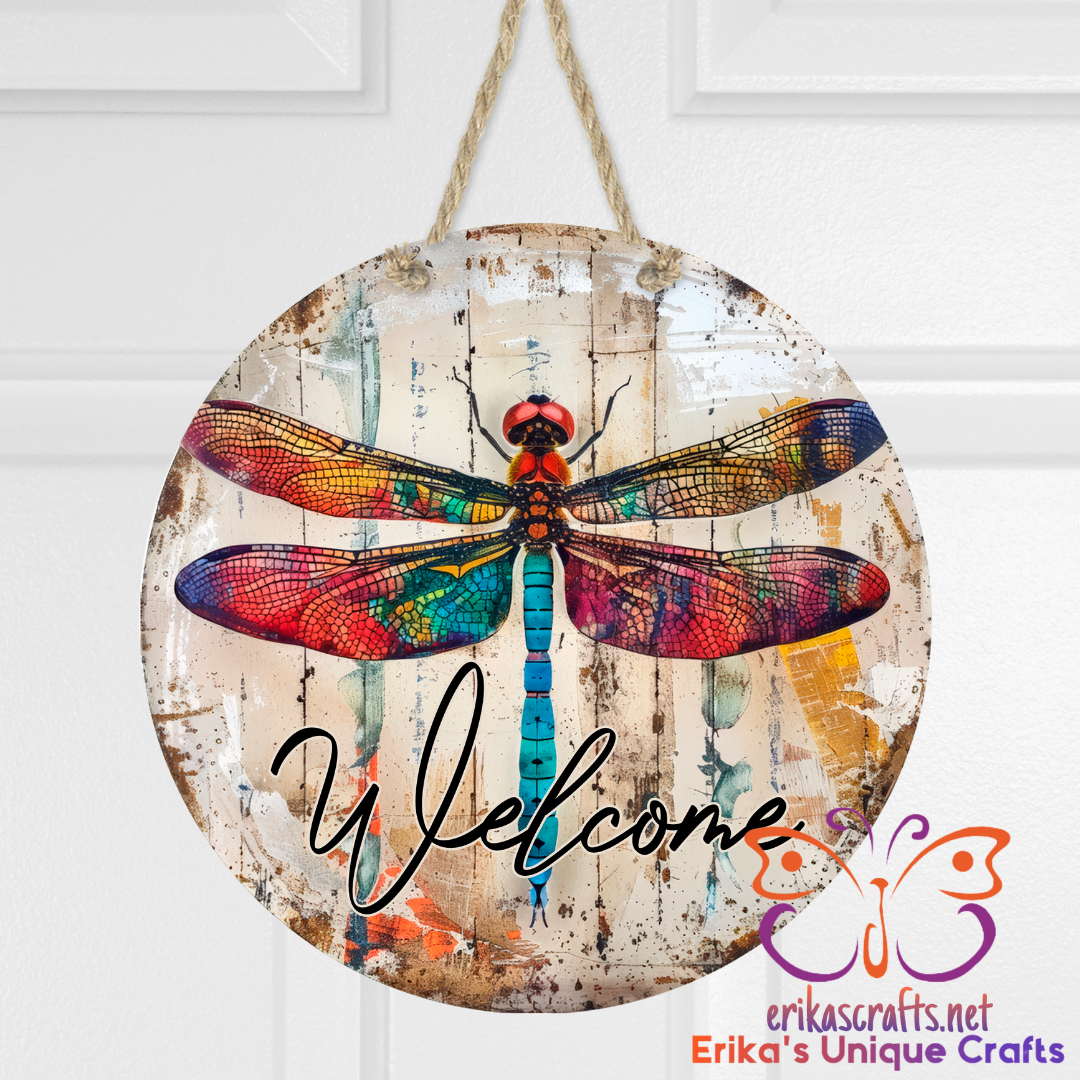 Colorful Dragonfly Welcome Round Hanging Door Sign