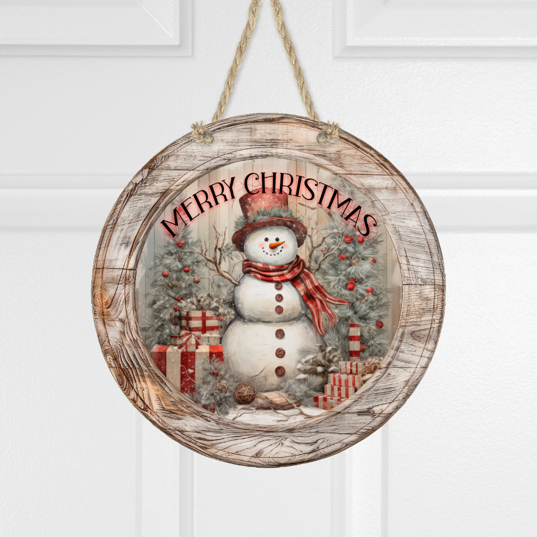 Country Merry Christmas Snowman Round Hanging Door Sign