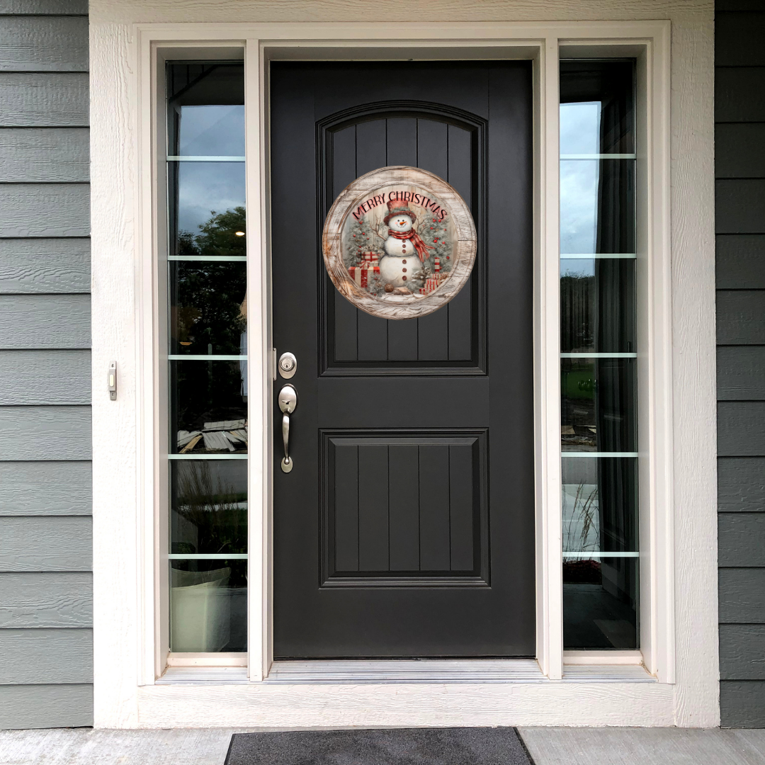 Country Merry Christmas Snowman Round Hanging Door Sign