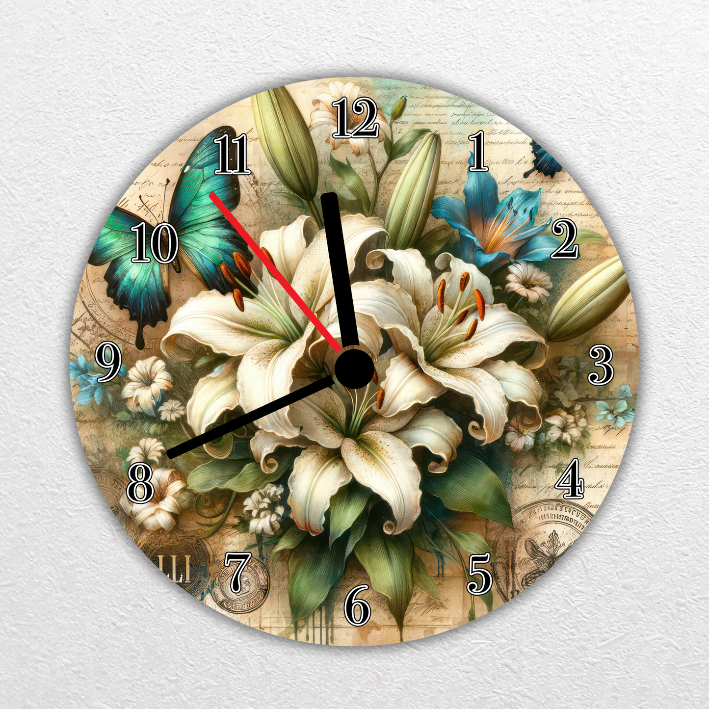 Lillies and Butterflies Aluminum Wall Clock