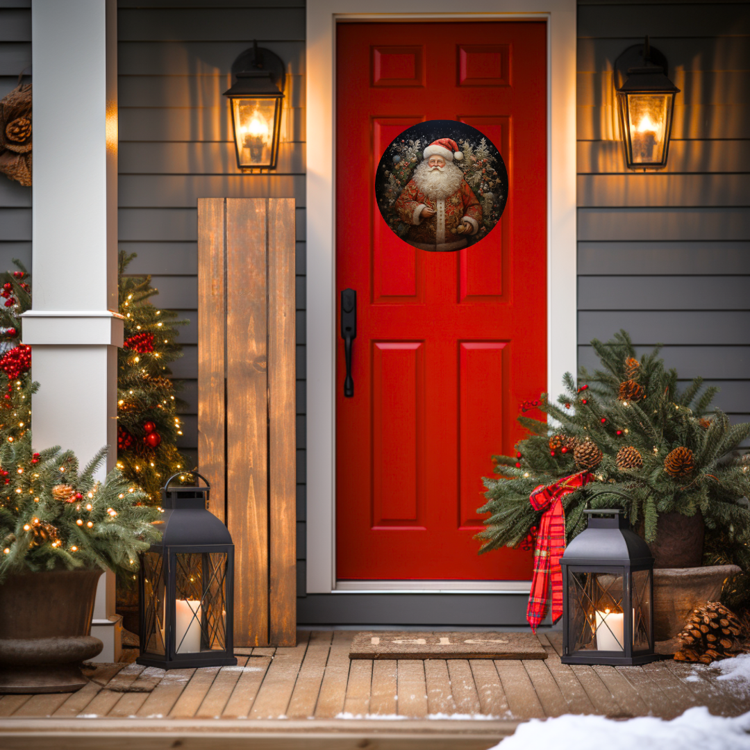 Santa With Wreath Round Hanging Door Sign
