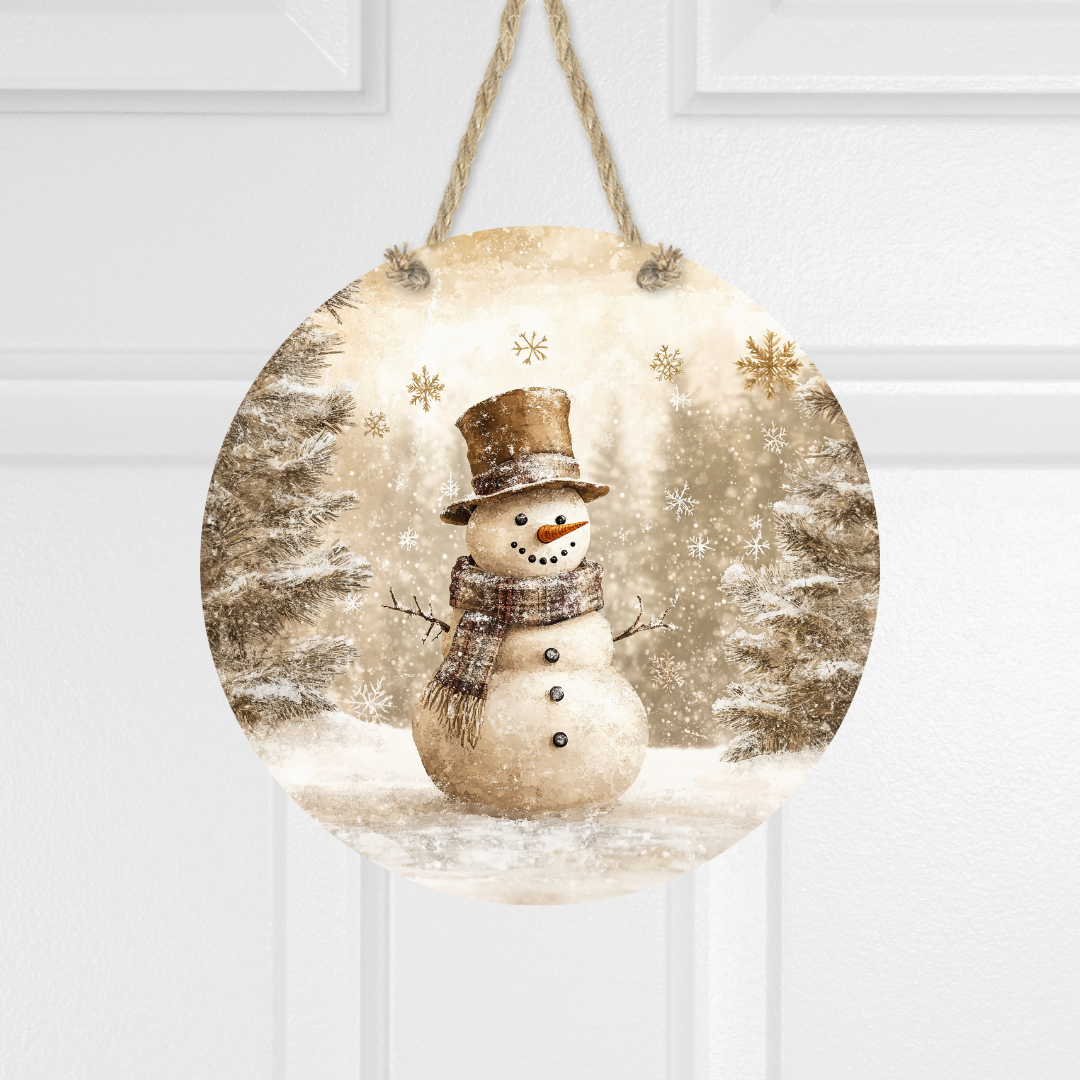 Snowman Winter Landscape Round Hanging Door Sign