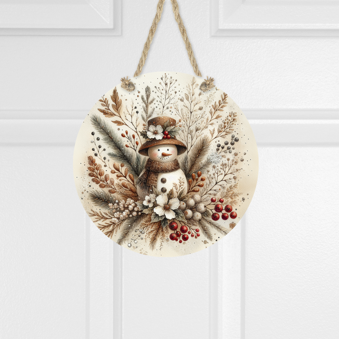 Vintage Snowman and Flowers Round Hanging Door Sign