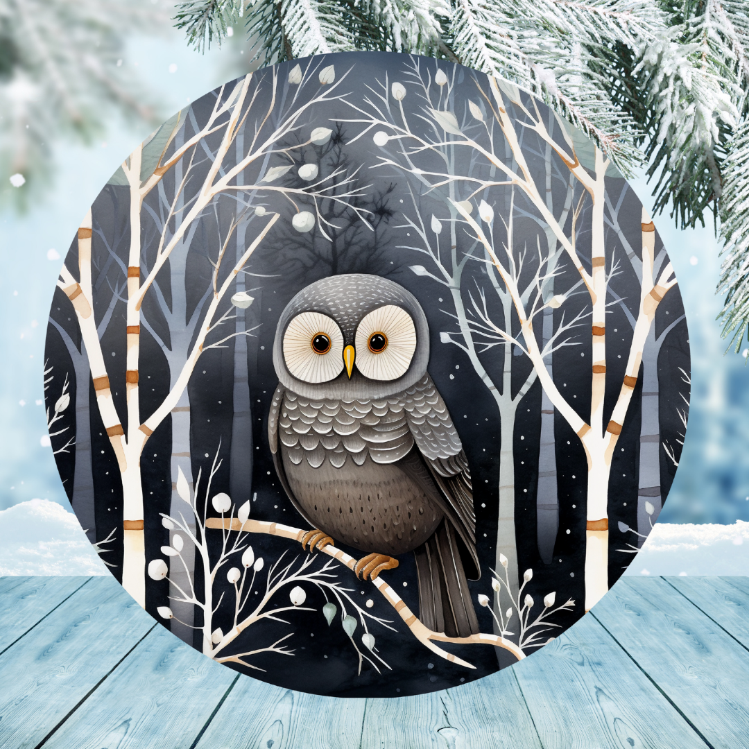 Winter Owl In Tree Round Hanging Door Sign