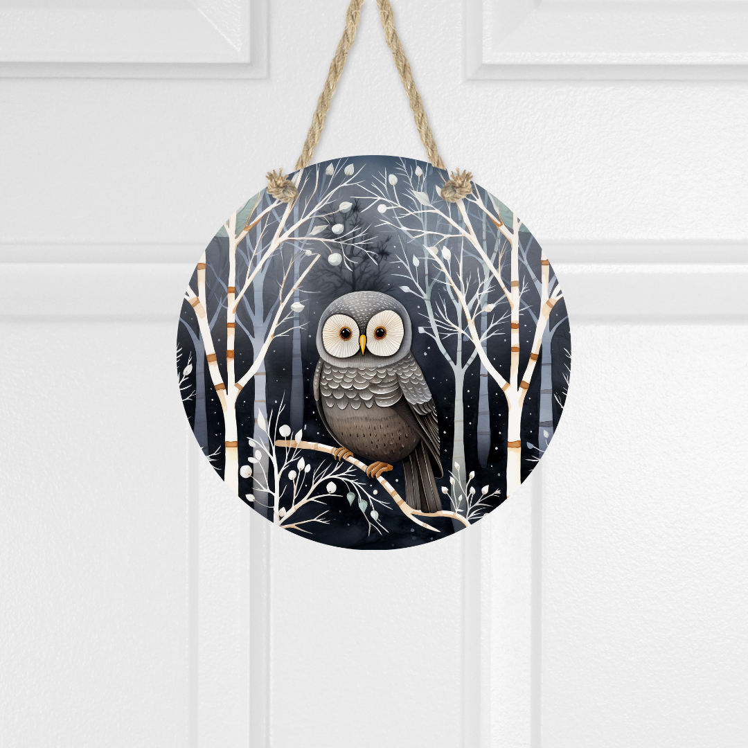 Winter Owl In Tree Round Hanging Door Sign