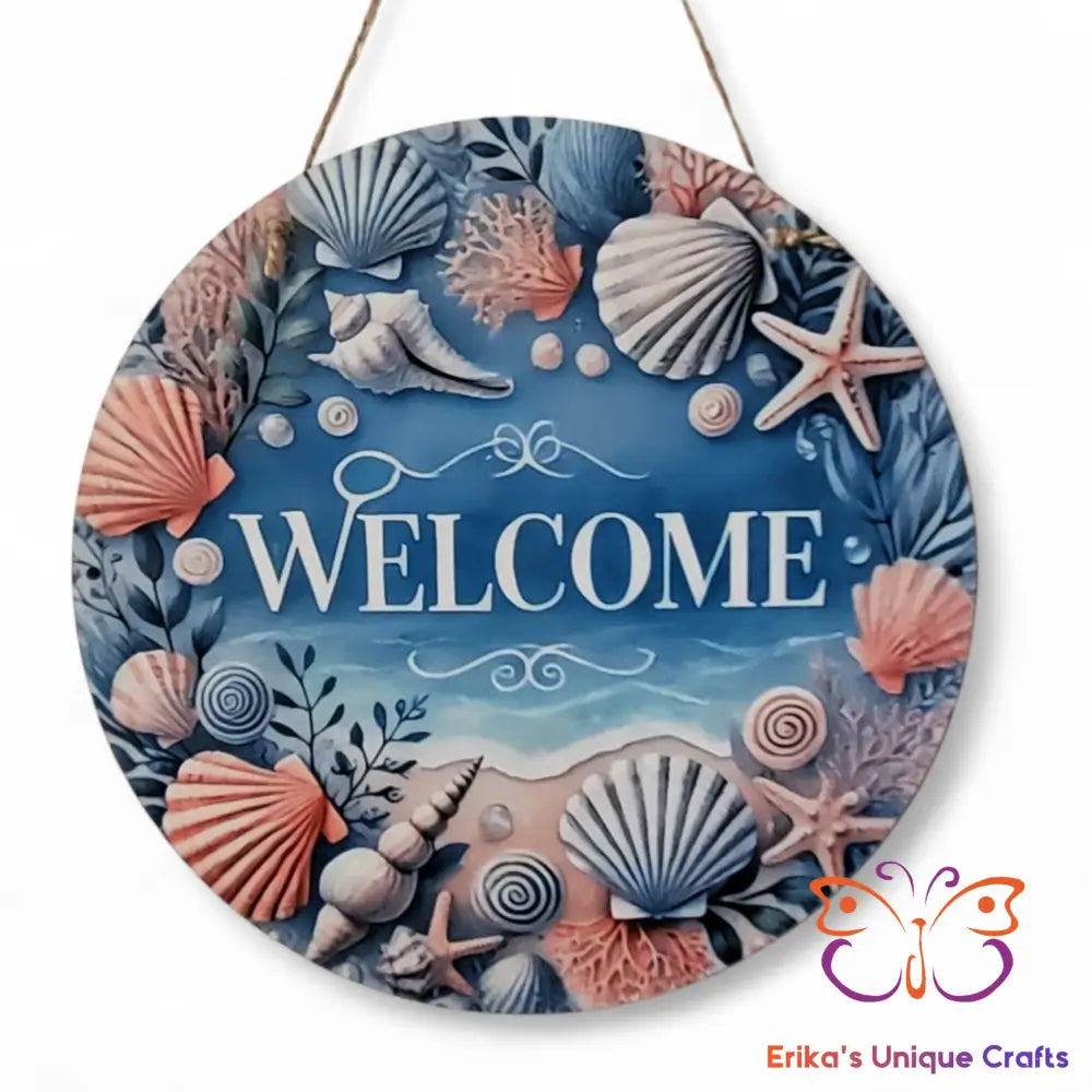 Beach and Shells Welcome Round Hanging Door Sign Door Sign
