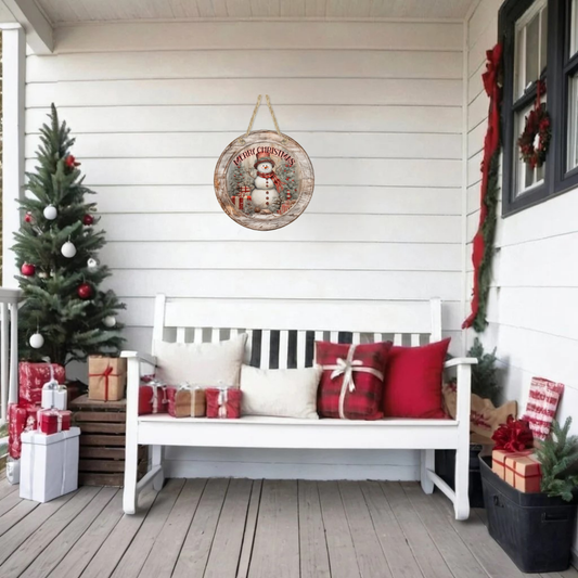 Country Merry Christmas Snowman Round Hanging Door Sign