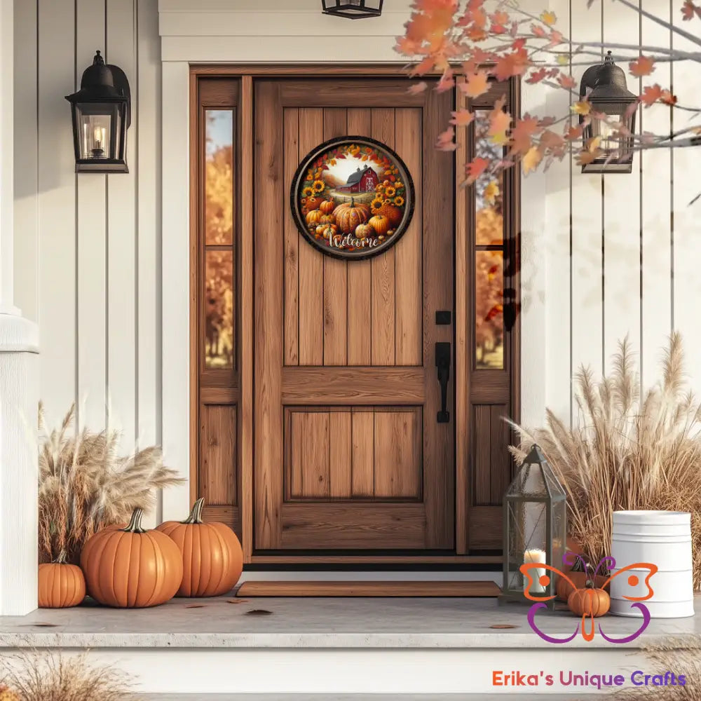 Fall Barn and Pumpkins Round Hanging Door Sign Door Sign