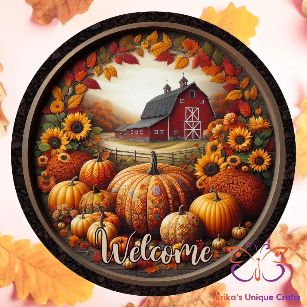 Fall Barn and Pumpkins Round Hanging Door Sign Door Sign