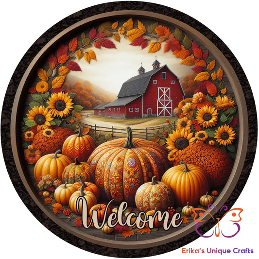 Fall Barn and Pumpkins Round Hanging Door Sign Door Sign