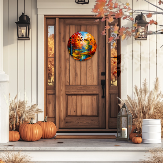 Fall Colors Welcome Round Hanging Door Sign - 12 Inch
