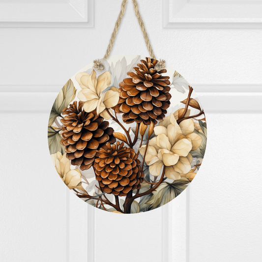 Fall Pinecones Round Hanging Door Sign - Door Sign