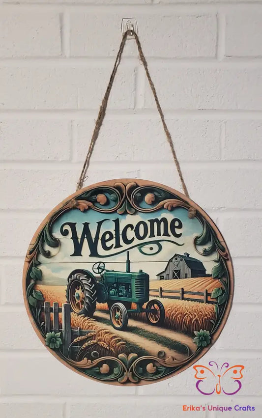 Farm Tractor Welcome Round Hanging Door Sign Door Sign