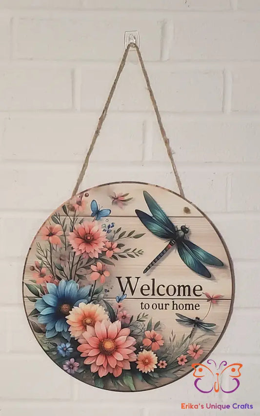 Floral Dragonfly Welcome Round Hanging Door Sign Door Sign