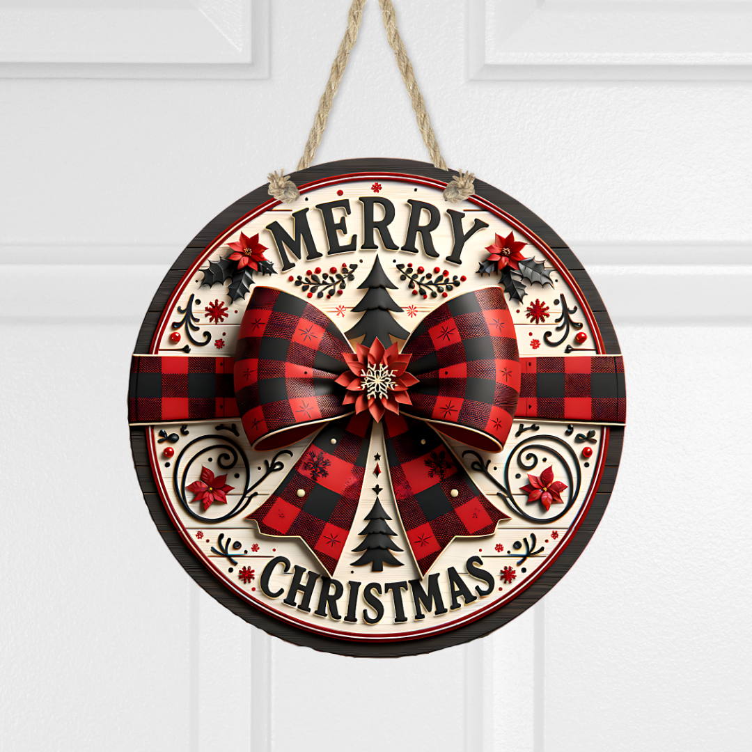 Merry Christmas Bow Round Hanging Door Sign - Door Sign