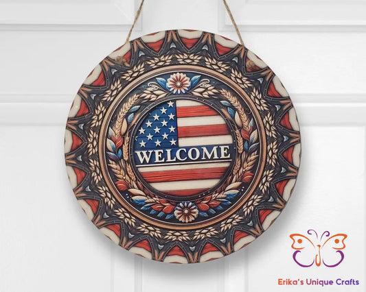 Patriotic Flag Welcome Round Hanging Door Sign Door Sign
