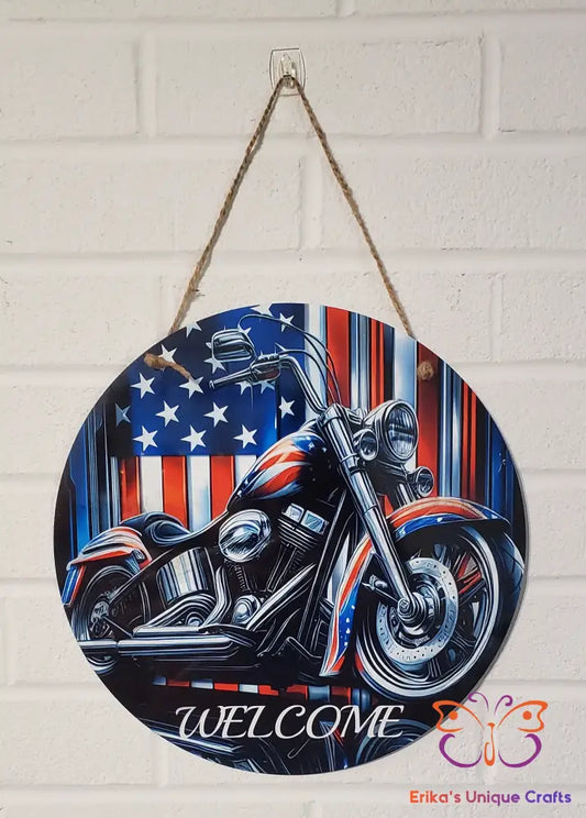 Patriotic Motorcycle Round Hanging Door Sign Door Sign