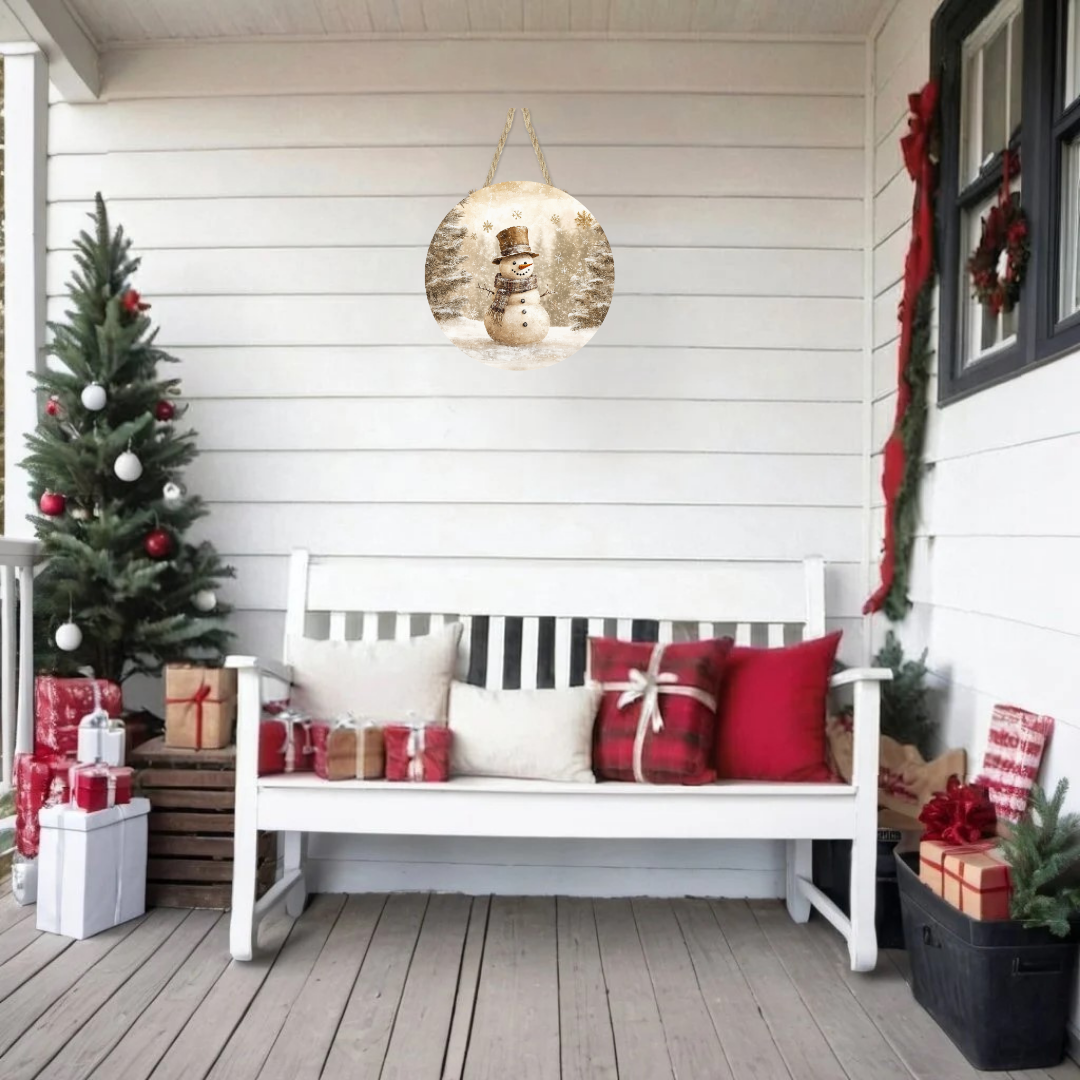 Snowman Winter Landscape Round Hanging Door Sign