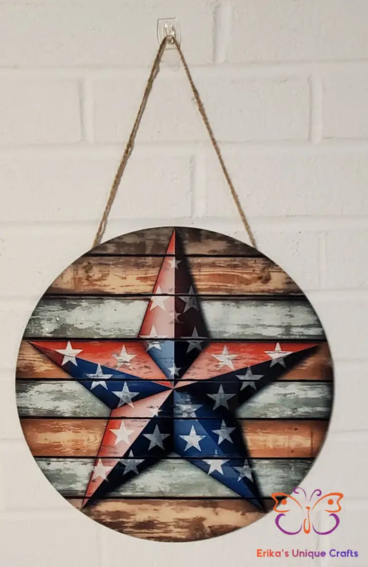 Primitive Patriotic Star Round Hanging Door Sign Door Sign
