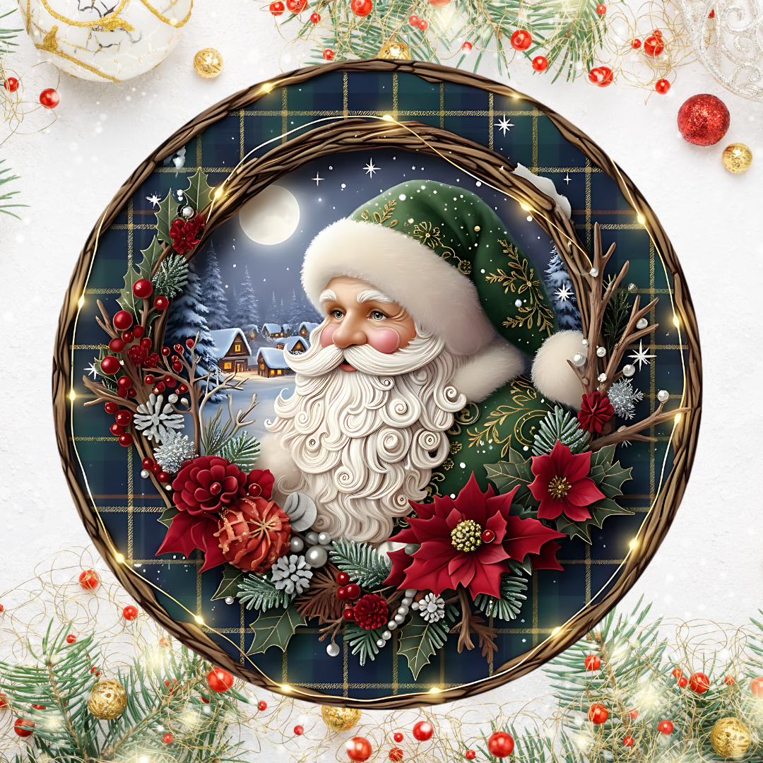 Santa Claus Green Round Hanging Door Sign - Door Sign