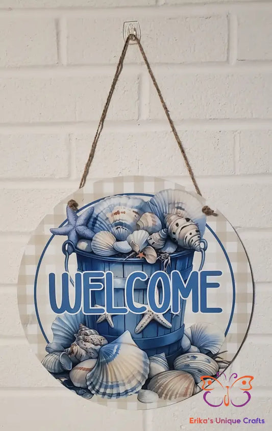 Seashell Bucket Welcome Round Hanging Door Sign Door Sign