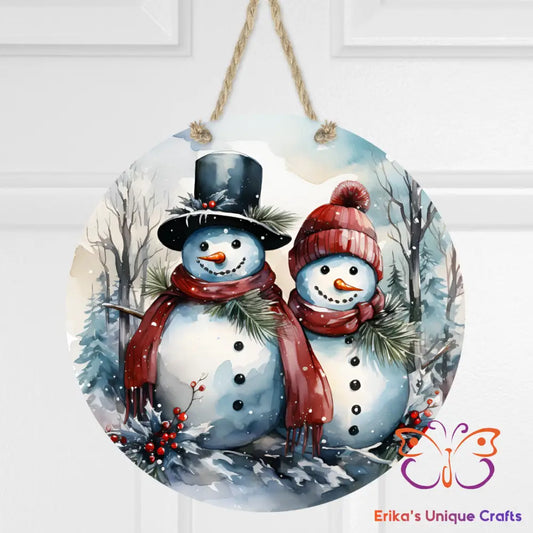 Snowman Couple Round Hanging Door Sign Door Sign