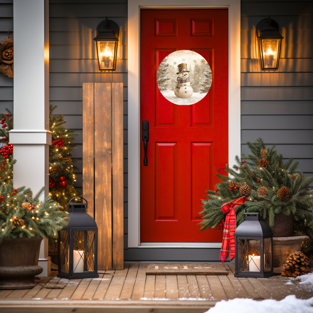 Snowman Winter Landscape Round Hanging Door Sign