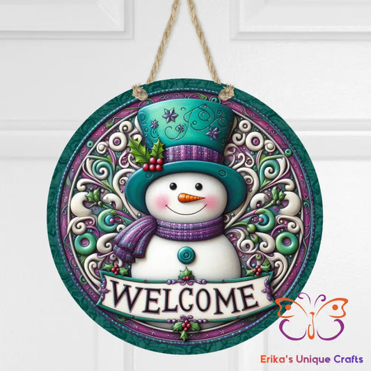 Teal Snowman Round Hanging Door Sign Door Sign