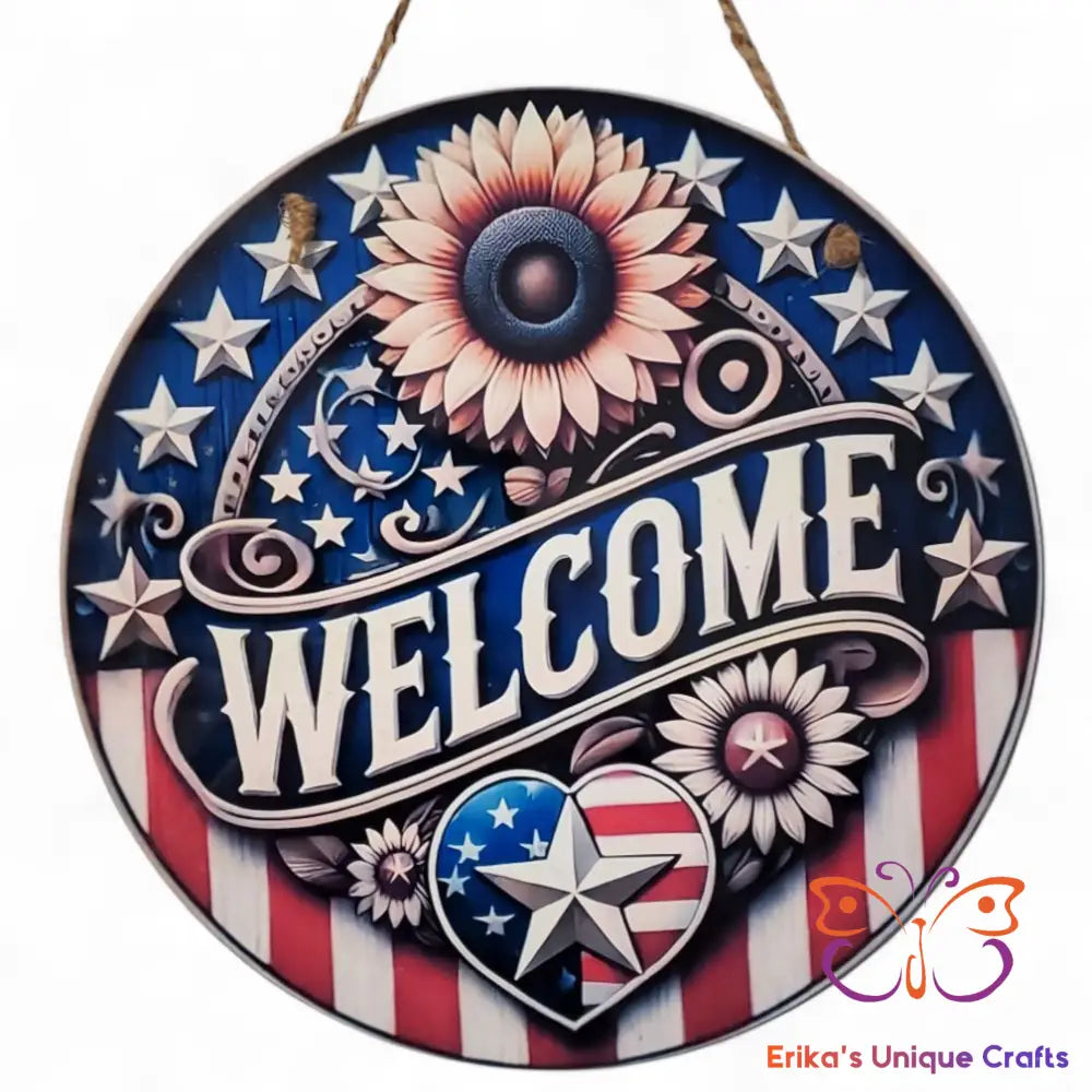 US Flag Welcome Sunflower Round Hanging Door Sign Door Sign
