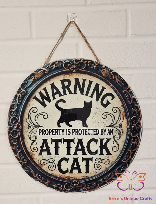 Warning Attack Cat Round Hanging Door Sign Door Sign