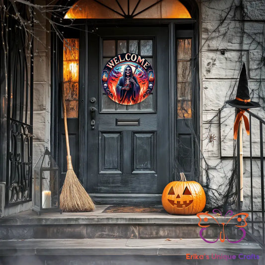 Welcome Halloween Reaper Round Hanging Door Sign Door Sign