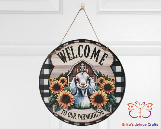 Welcome To Our Farmhouse Goat Round Hanging Door Sign Door Sign