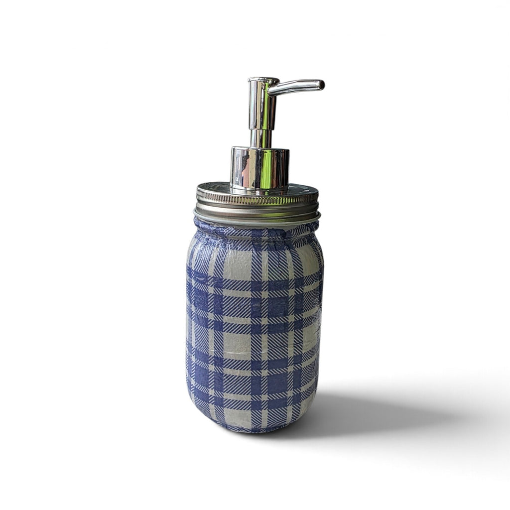 Blue Plaid Mason Jar Soap Dispenser