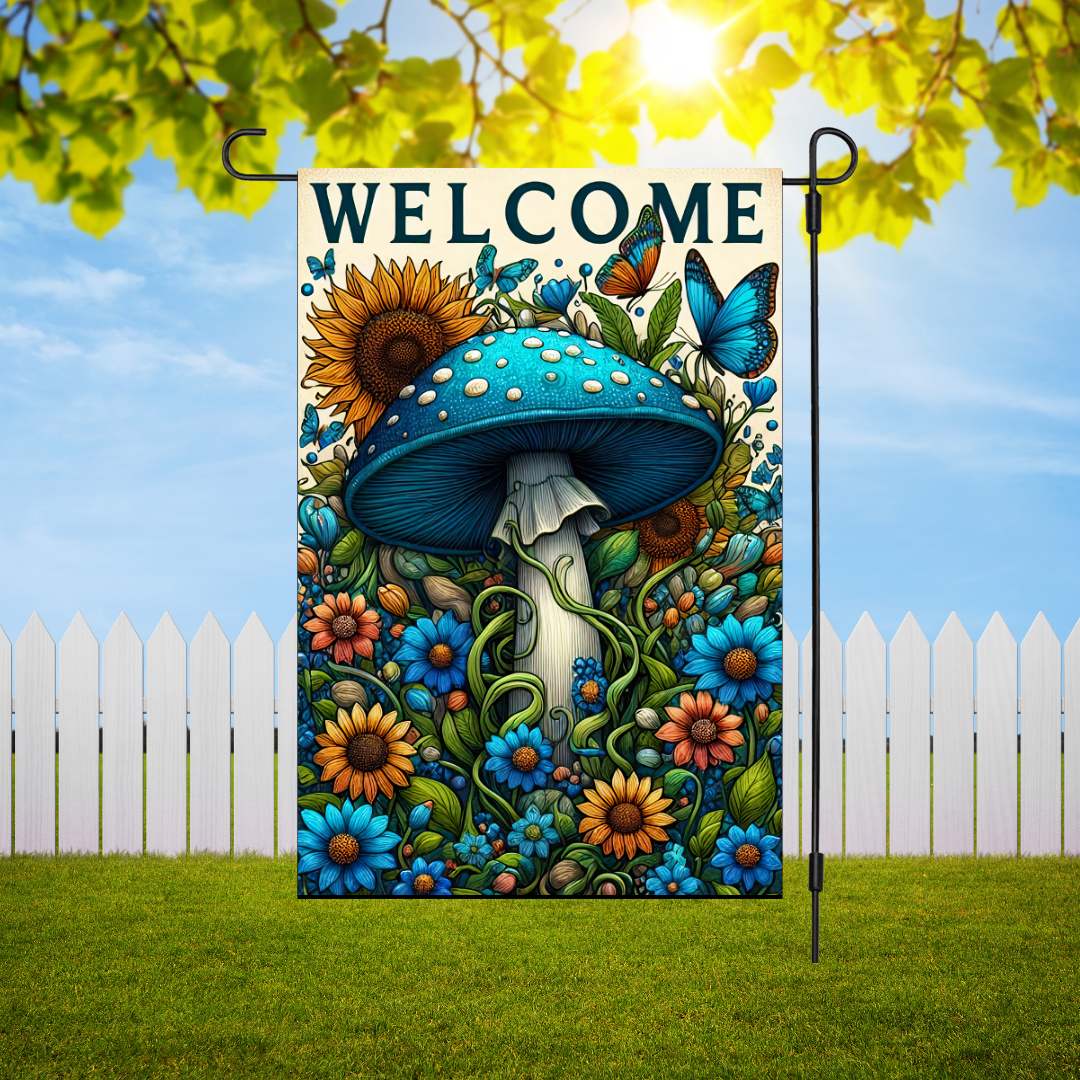 Blue Floral Mushroom Garden Flag