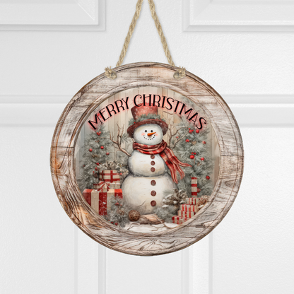 Country Merry Christmas Snowman Round Hanging Door Sign