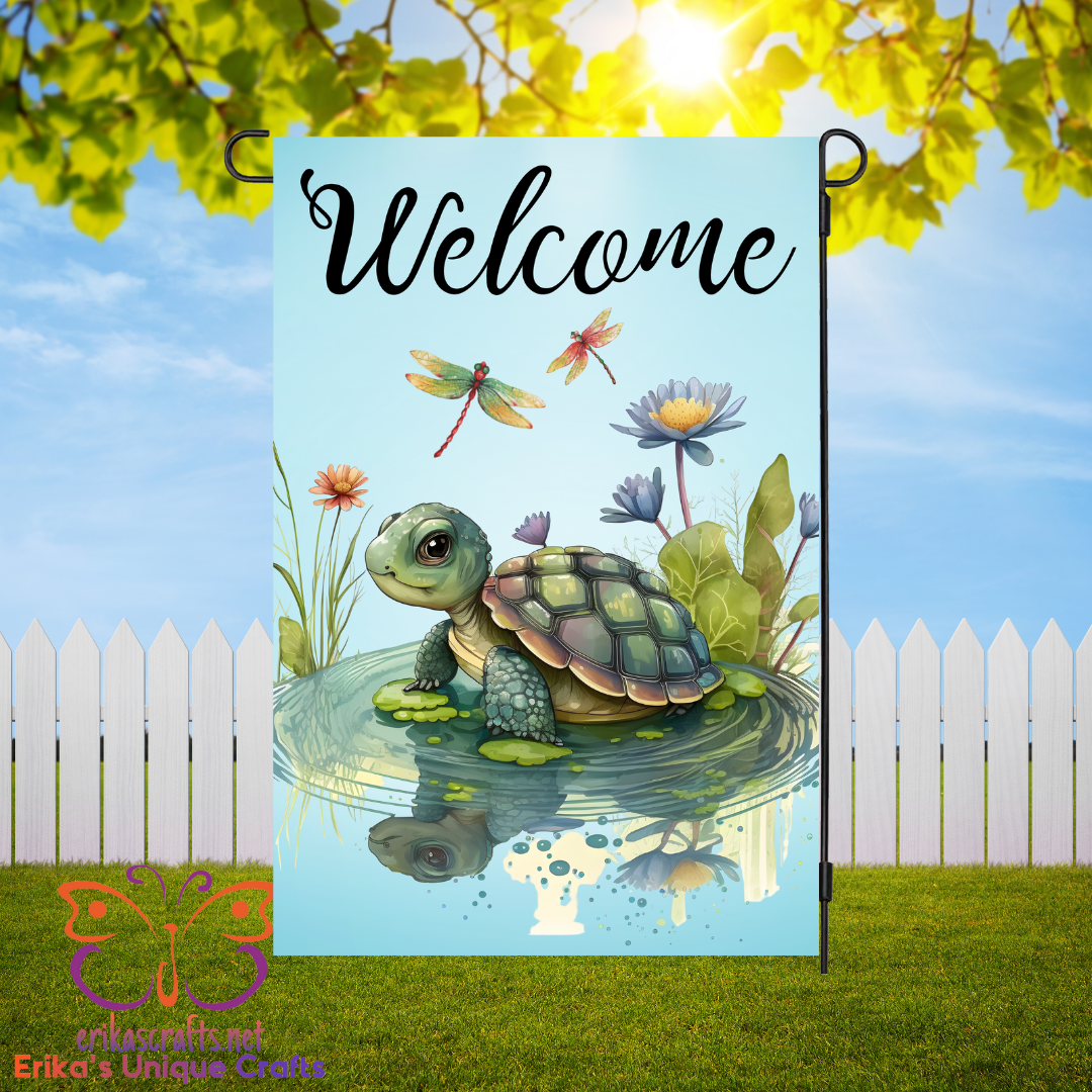Cute Turtle and Pond Garden Flag