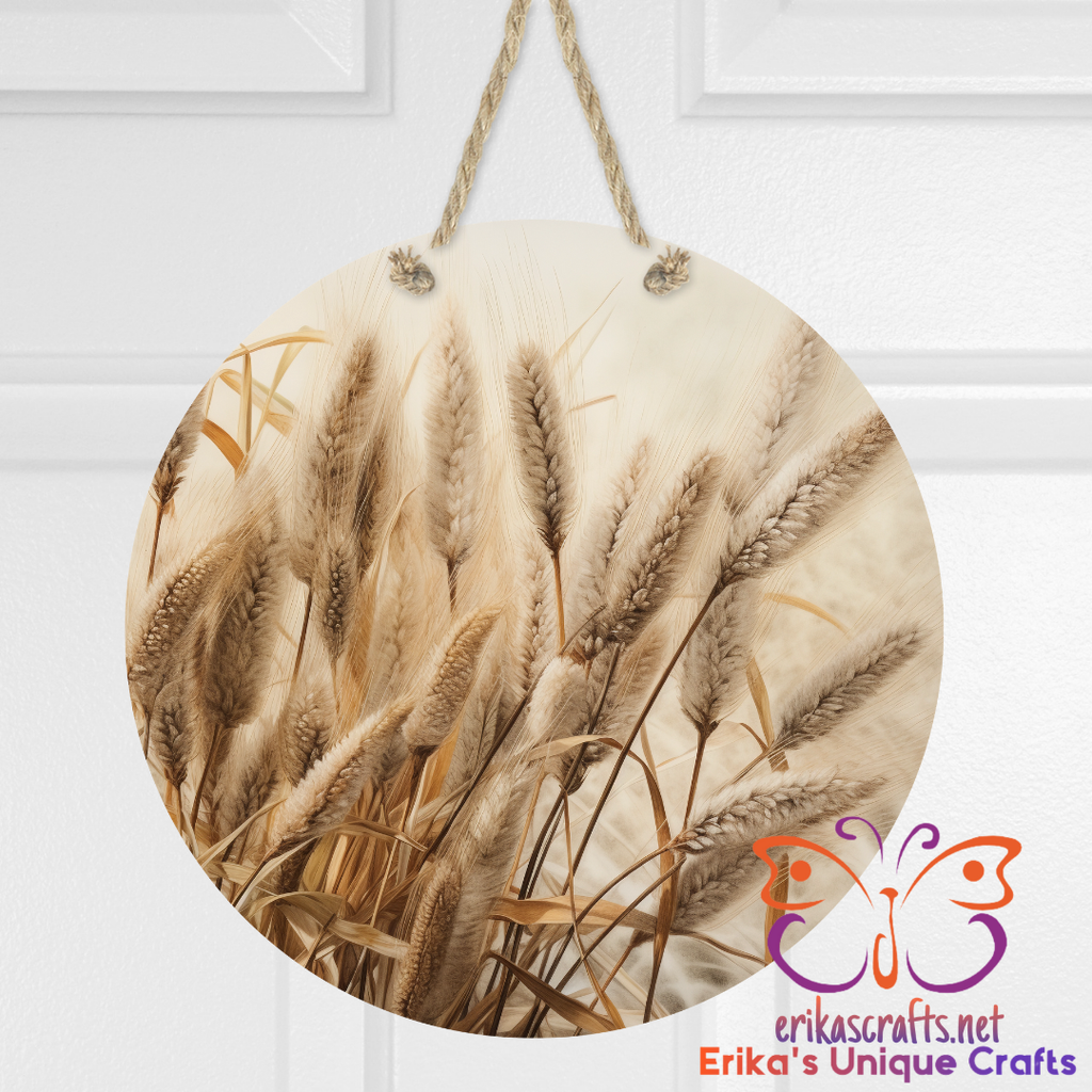 Fall Wheat Grasses Round Hanging Door Sign - Door Sign