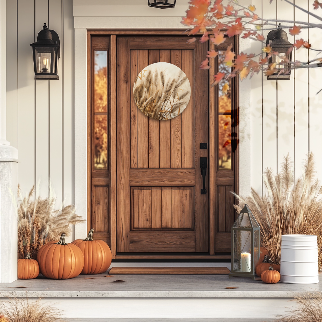 Fall Wheat Grasses Round Hanging Door Sign - Door Sign