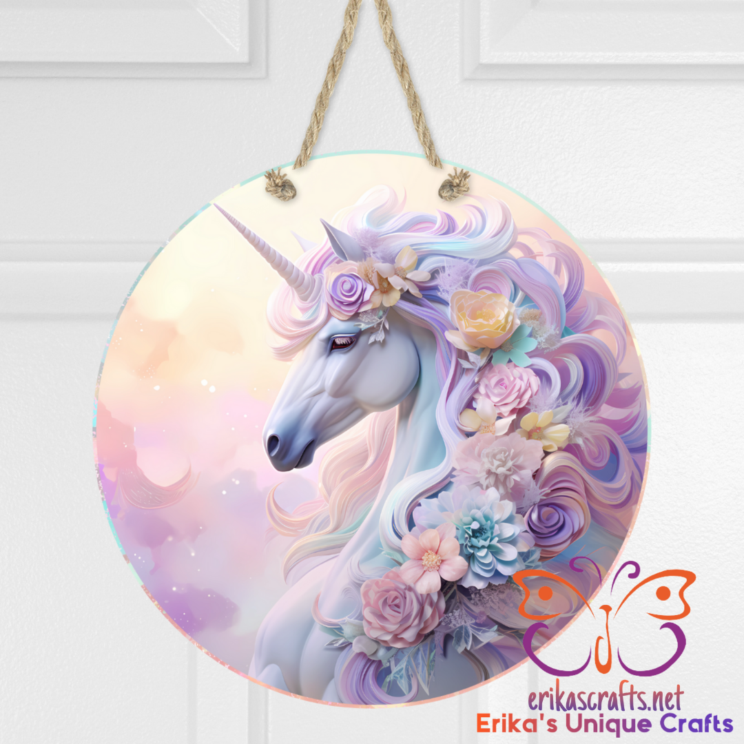 Floral Unicorn Round Hanging Door Sign