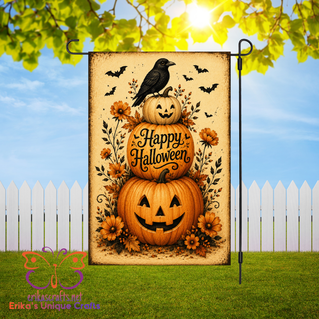 Happy Halloween Pumpkin and Crow Garden Flag