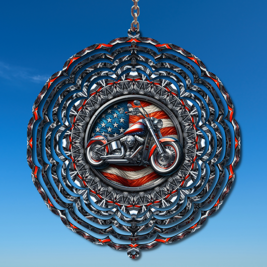 Motorcycle and American Flag Wind Spinner