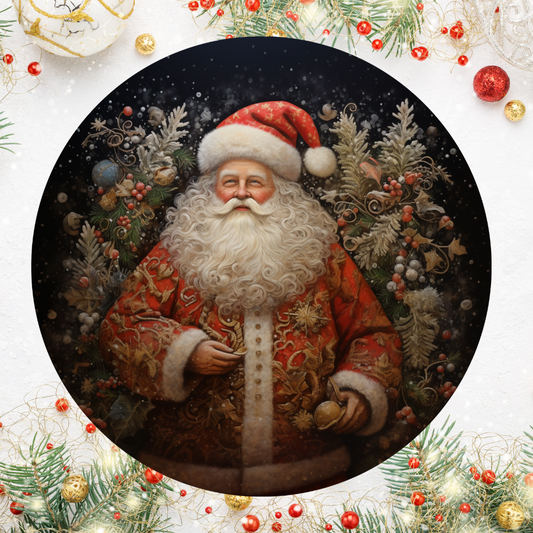 Santa With Wreath Round Hanging Door Sign