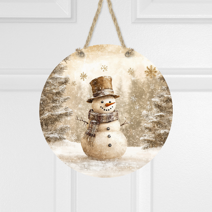 Snowman Winter Landscape Round Hanging Door Sign