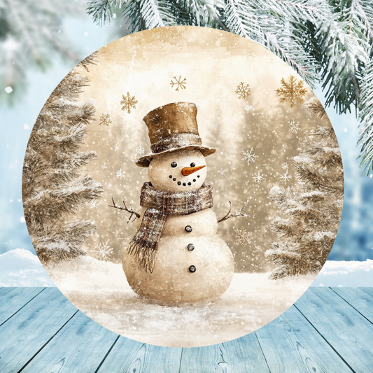 Snowman Winter Landscape Round Hanging Door Sign