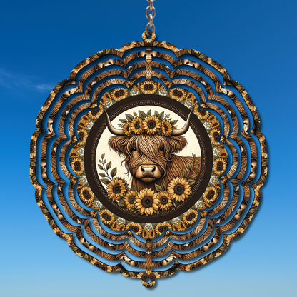 Highland Cow and Sunflowers Wind Spinner