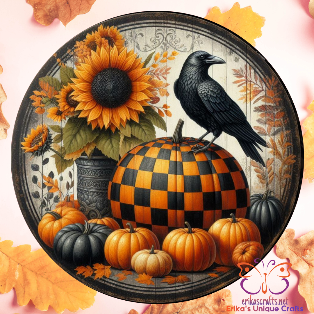 Sunflower Checkered Pumpkin Crow Metal Door Sign