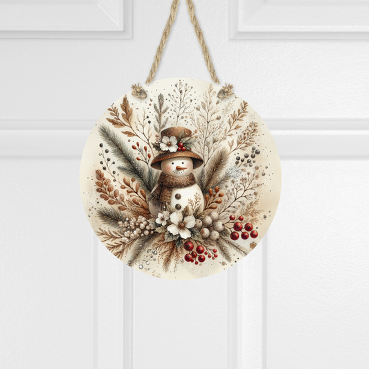 Vintage Snowman and Flowers Round Hanging Door Sign