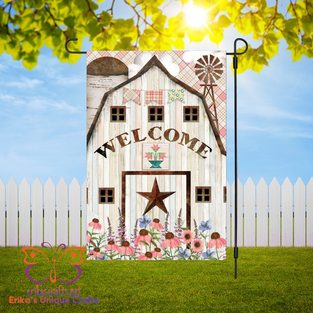 Primitive Welcome Barn Garden Flag