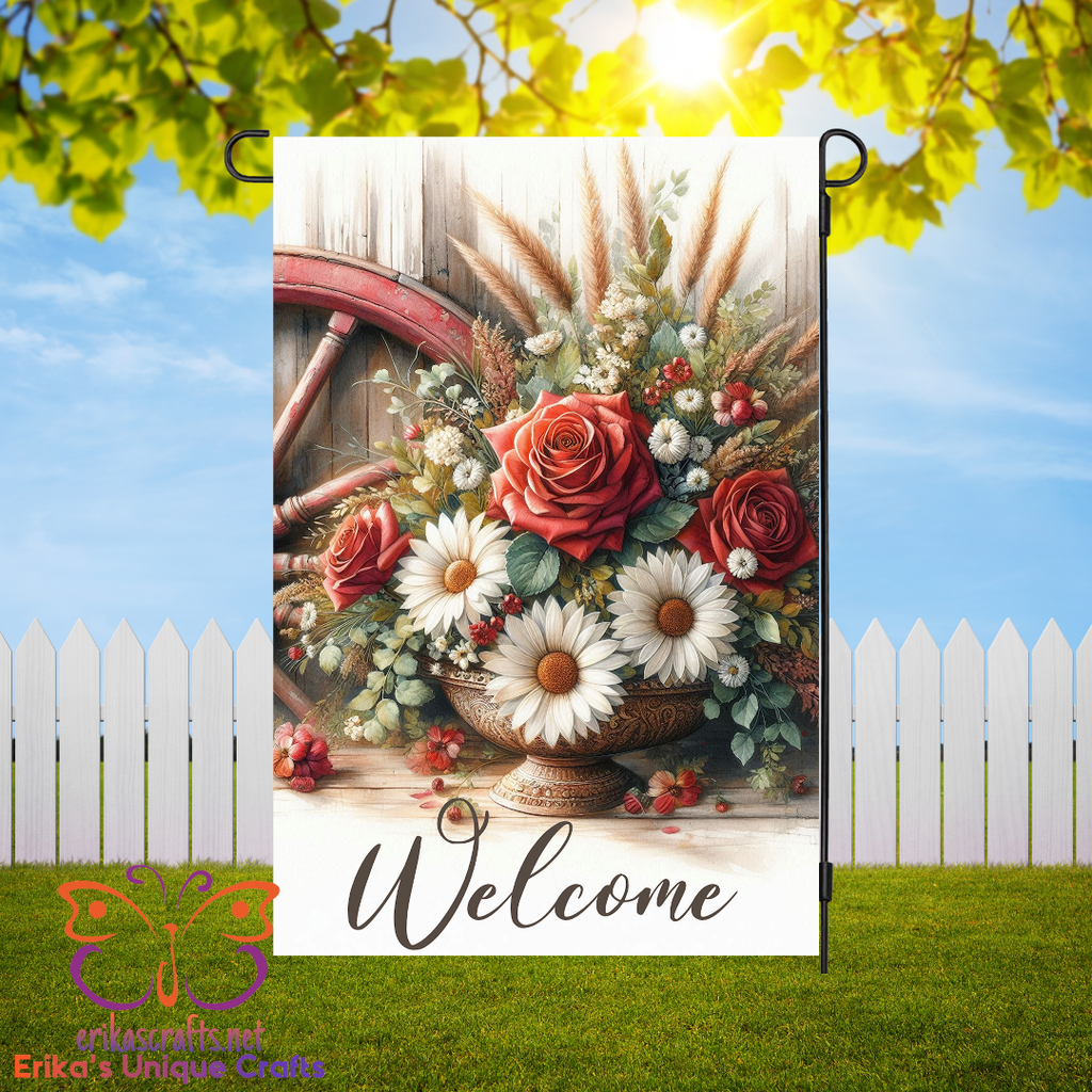 Wagon Wheel Floral Flag Garden Flag - Garden Flag