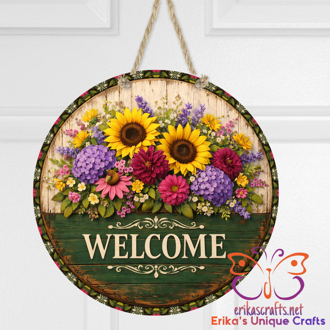 Welcome Floral Wood Metal Door Sign